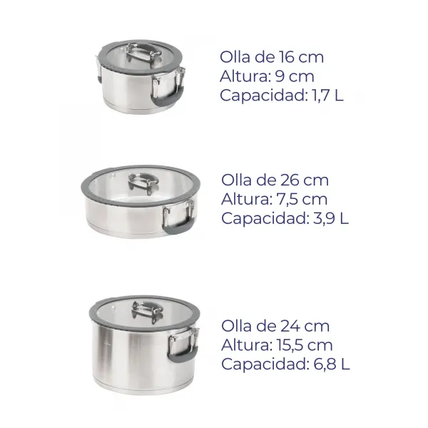 Set de Ollas Apilables de Acero Inoxidable - 3 Piezas con Tapas de Cristal HBAT2552