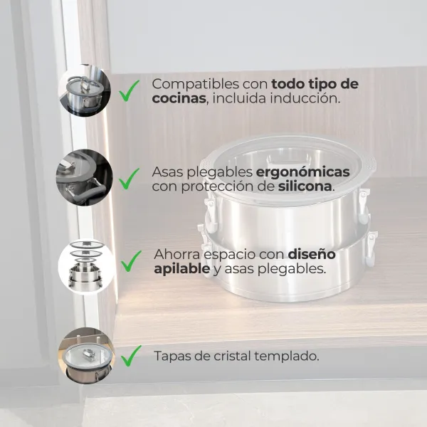 Set de Ollas Apilables de Acero Inoxidable - 3 Piezas con Tapas de Cristal HBAT2552