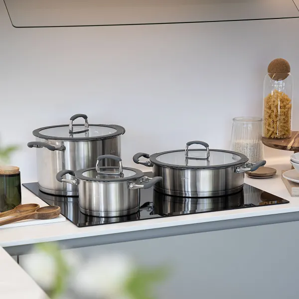 Batería de Cocina de Acero Inoxidable - 3 Piezas con Tapas de Cristal HBAT2552